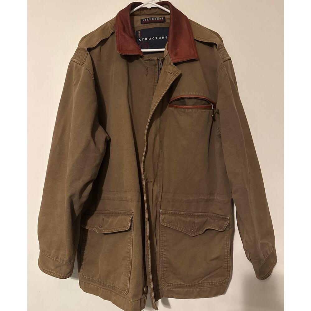Vintage Structure Mens Brown Canvas Chore Jacket Leather Collar Flawed Coat Med